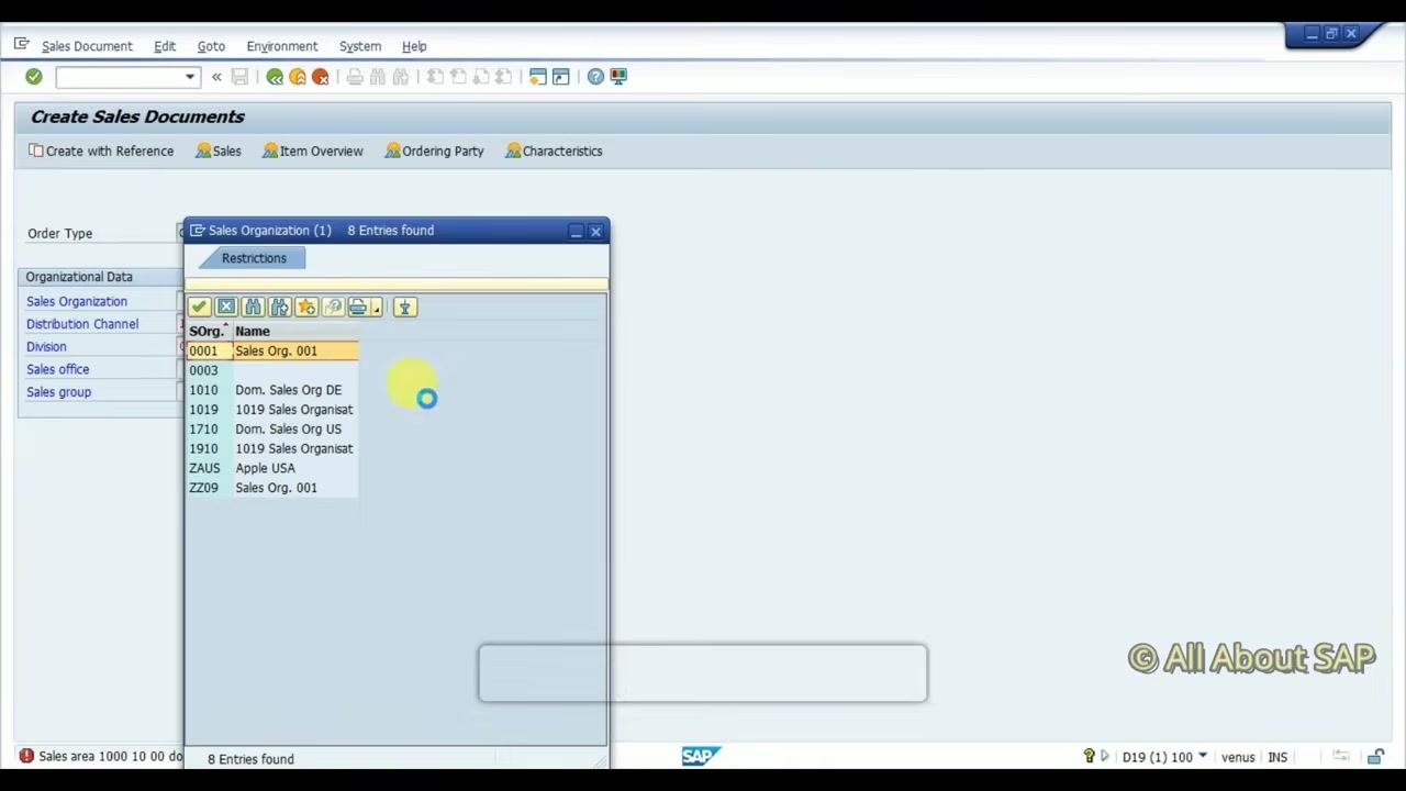 Sales Organization selection popup with multiple entries, including 0001, 1010, ZAUS, and ZZO9.