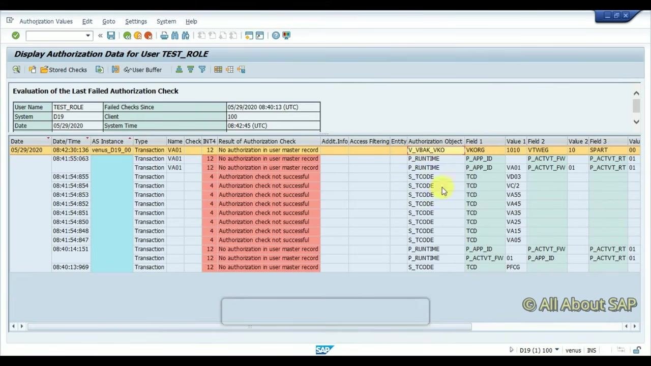 Display Authorization Data for User TEST_ROLE with highlighted authorization object and field values.