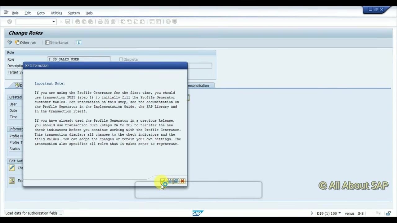 Change Roles screen for Z_SD_SALES_USER, showing Description tab and role metadata.