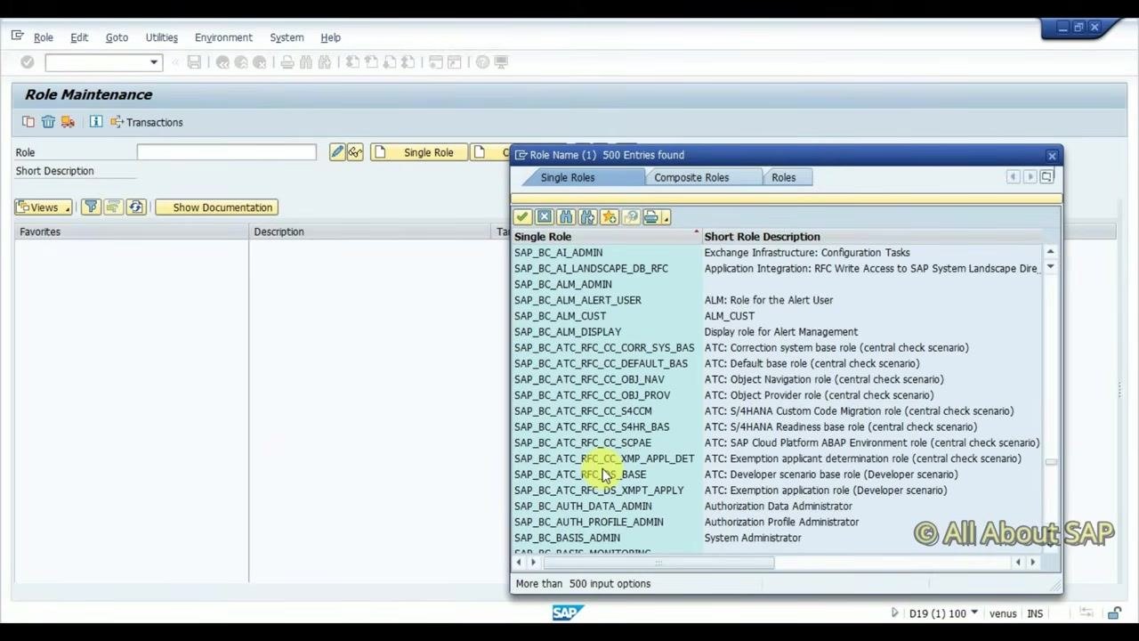 Role Maintenance screen with fields for Role, Short Description, and options for Single Role and Composite Role.
