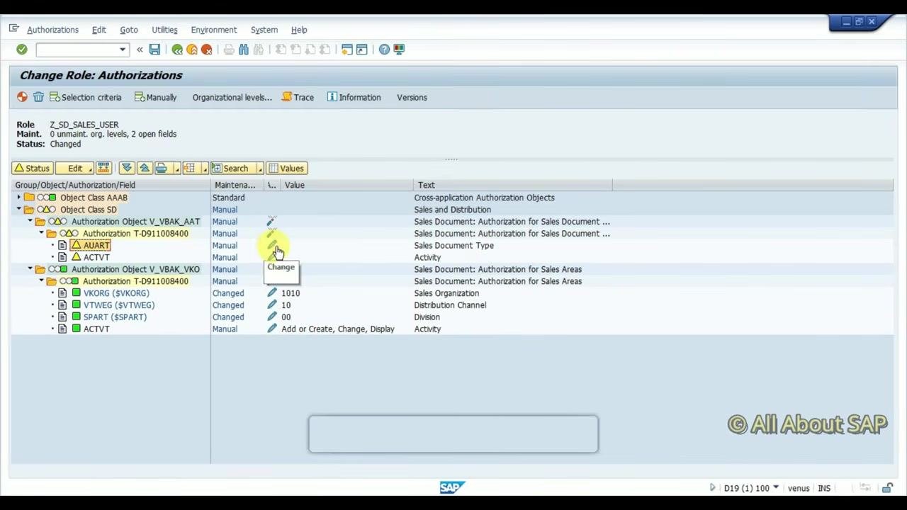 SAP Change Role: Authorizations screen showing all fields for V_VBAK_VKO maintained, with VKORG 1010, VTWEG 10, SPART 00, ACTVT Add, Create, Change, Display.