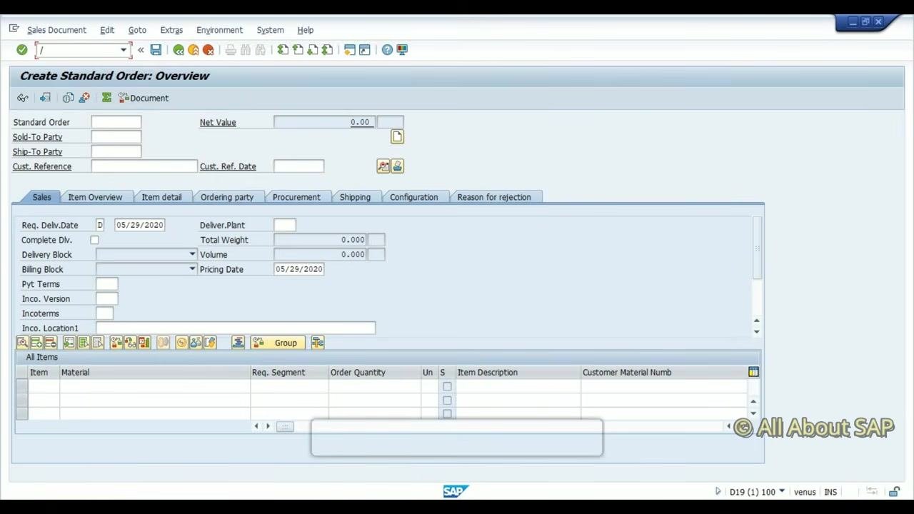 Create Standard Order: Overview screen, ready for further processing or exit.