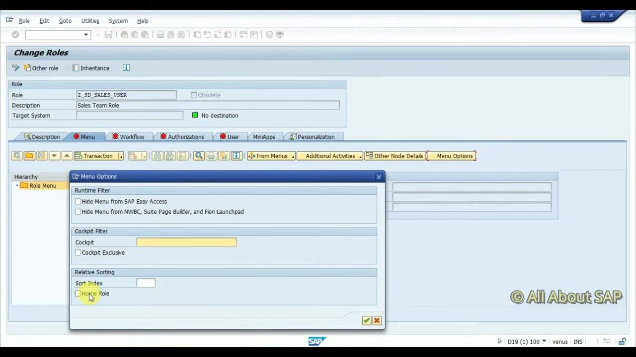 Change Roles screen with the "Menu" tab selected, showing the Role Menu hierarchy and user information.