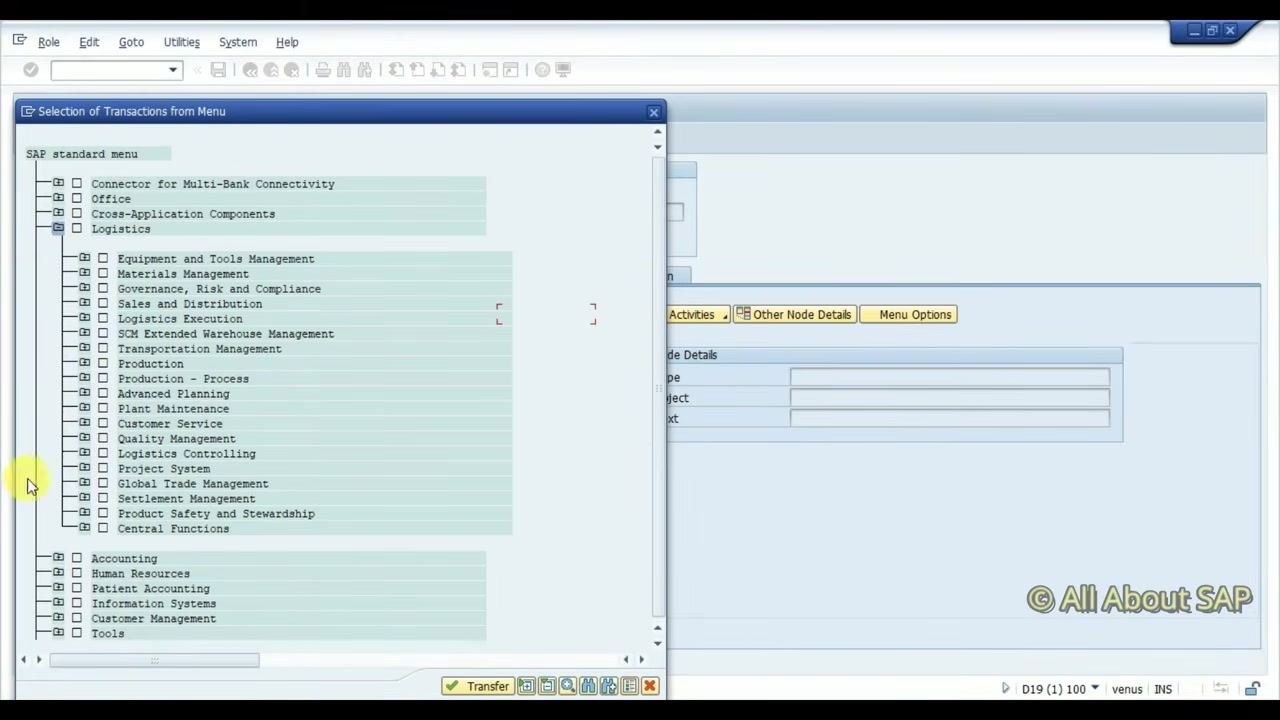 Change Roles screen with the "Selection of Transactions from Menu" window open, showing the SAP standard menu tree.