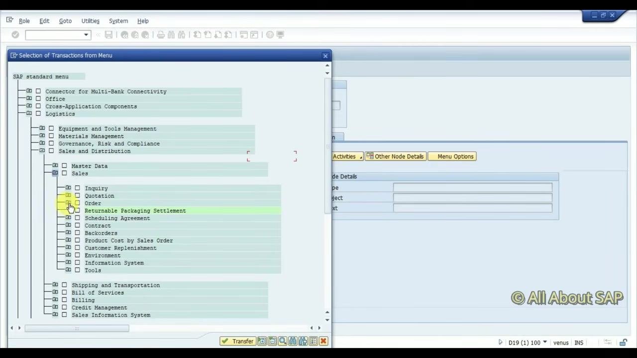 Selection of Transactions from Menu window with "Sales" expanded under "Sales and Distribution," showing transaction types like Inquiry, Quotation, and Order.