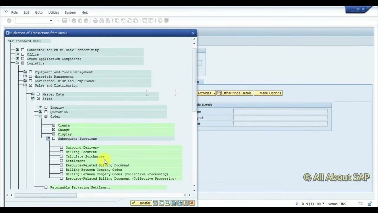 Selection of Transactions from Menu window with only "Create", "Change", and "Display" selected under "Order". Other functions like Outbound Delivery and Billing Document are visible but not selected.