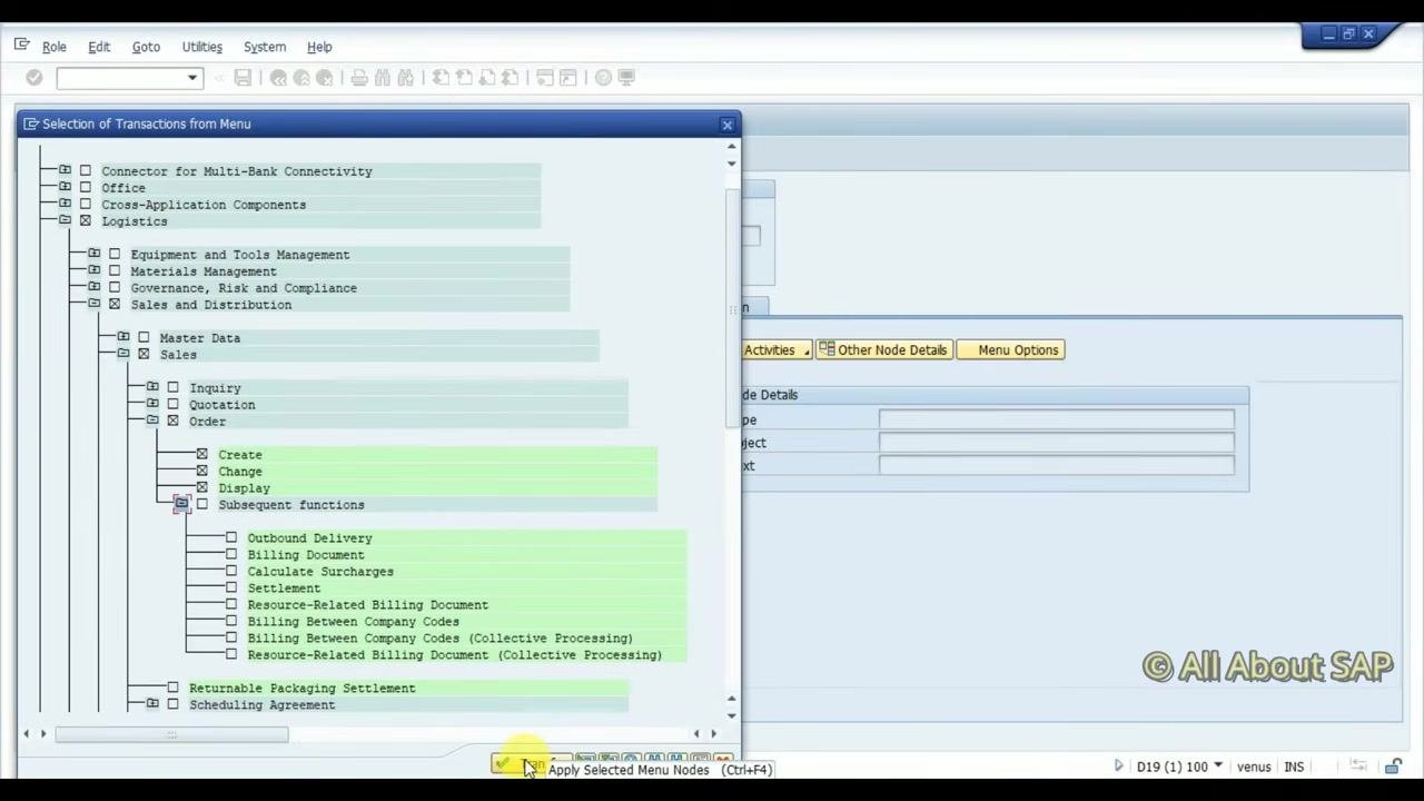 Selection of Transactions from Menu window with the Transfer button highlighted, confirming the selection of Create, Change, and Display.