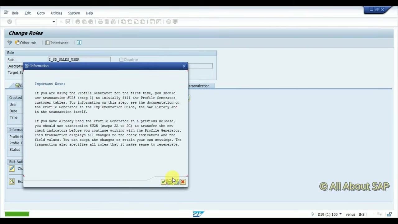 Change Roles screen showing the Authorizations tab, with a generated profile name and profile text for the role.