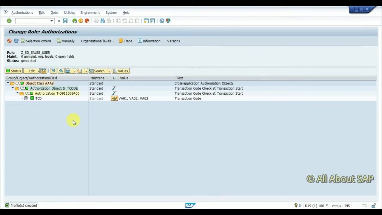SAP Change Role: Authorizations screen showing role Z_SD_SALES_USER with S_TCODE object and transaction codes VA01, VA02, VA03. Status: generated, with "Profile(s) created" message at the bottom.