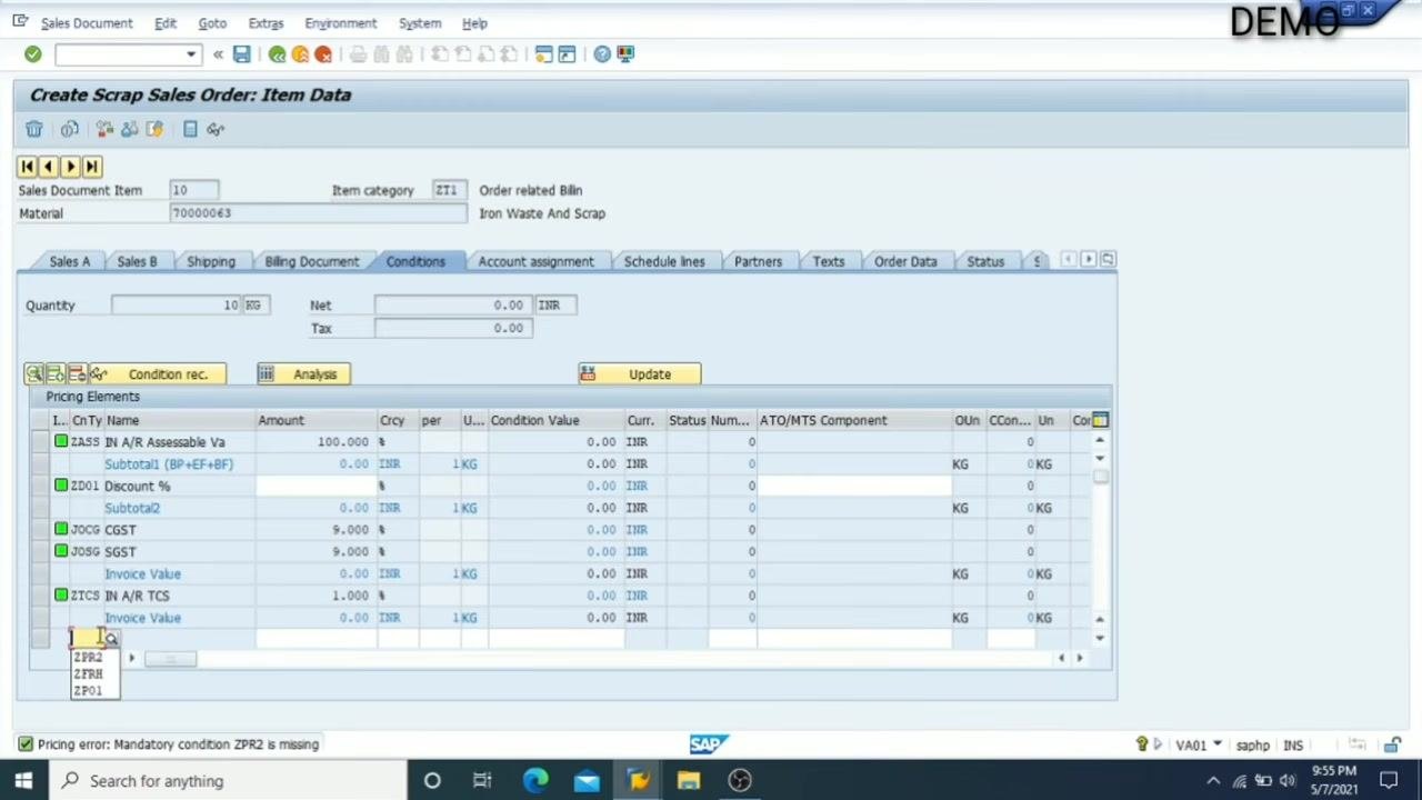 Conditions tab open with the ZPR2 price field ready for manual entry
