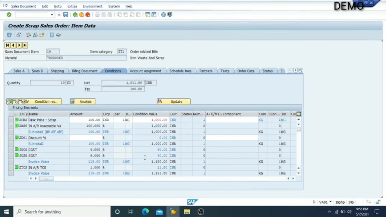 Conditions tab showing the full pricing breakdown, including taxes and final invoice value