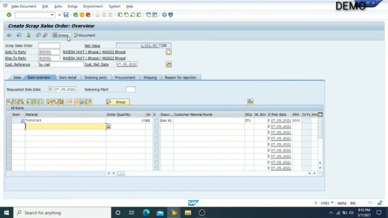 Item Data screen with Net Weight and Gross Weight fields set to 1, showing shipping and delivery details