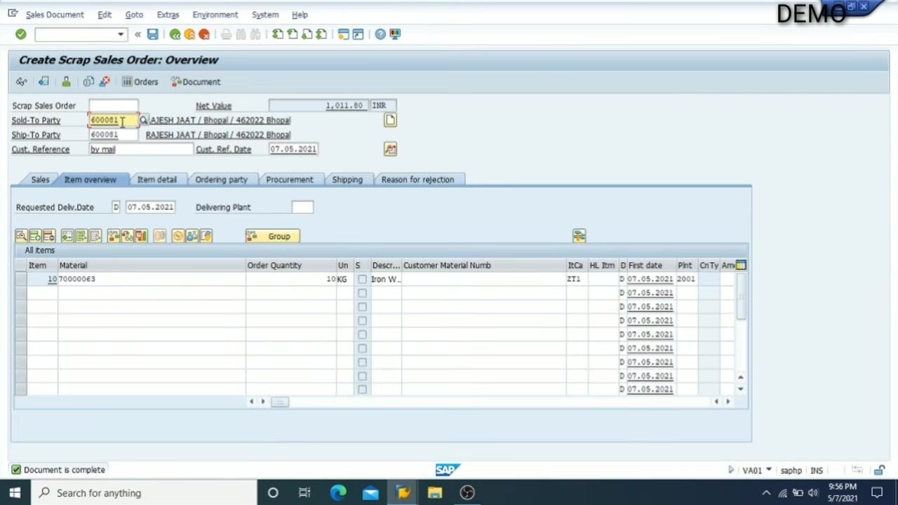 Overview screen with Sold-To Party 600081 and customer reference fields highlighted