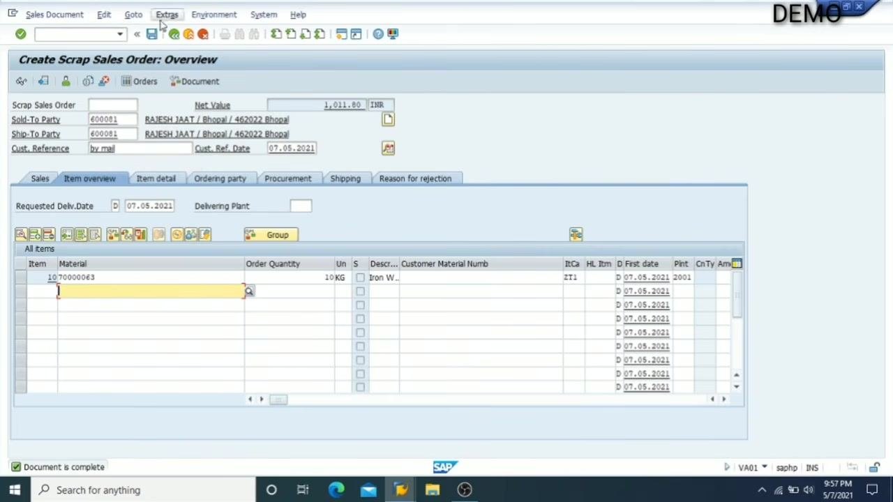 Overview screen with the 'Document is complete' message at the bottom, confirming successful entry
