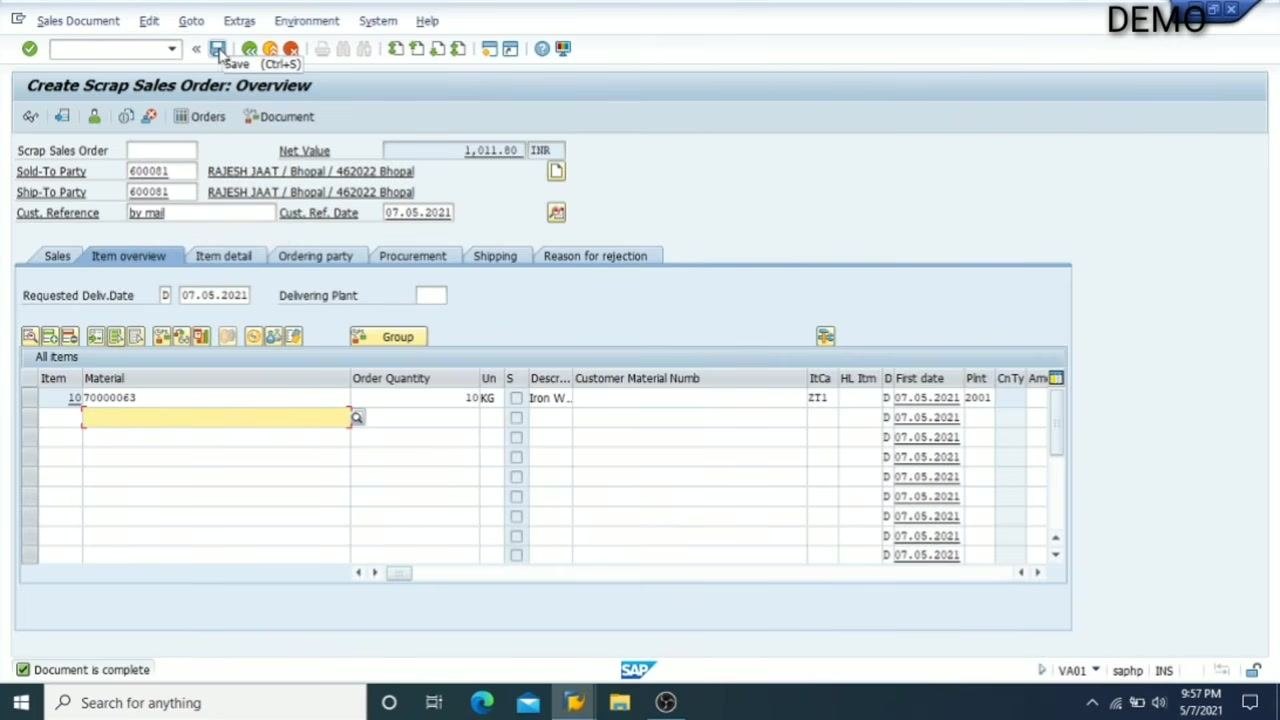 Create Scrap Sales Order: Overview screen with all order details filled and the Save icon highlighted, ready to save the invoice