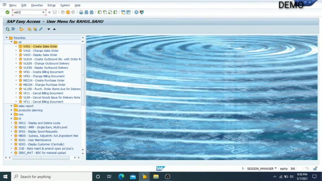 SAP Easy Access screen with the 'sd' folder expanded, showing VA01 - Create Sales Order and other SD transactions