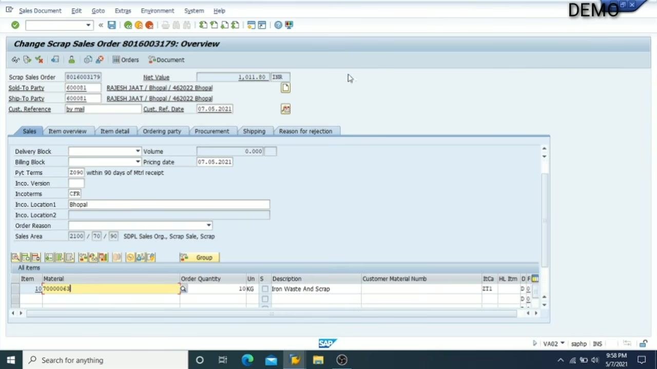 Change Scrap Sales Order: Overview screen with all order details visible for review