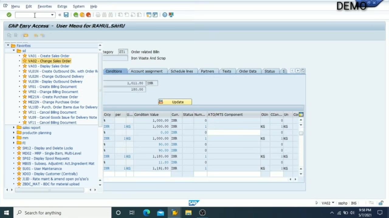 Conditions tab open in Change Sales Order, showing detailed pricing and tax breakdowns