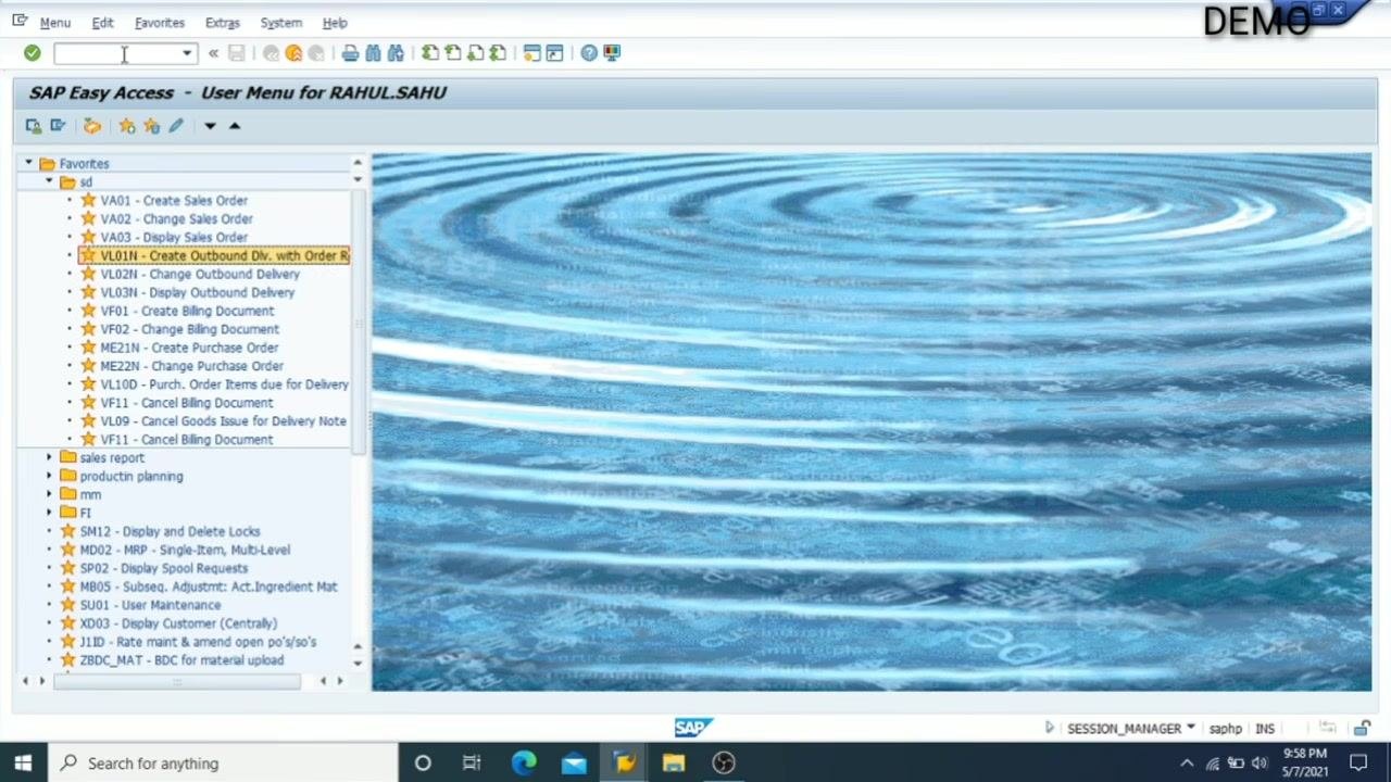 SAP Easy Access menu with VL01N, VL02N, and VF01 transaction codes highlighted in the Favorites list
