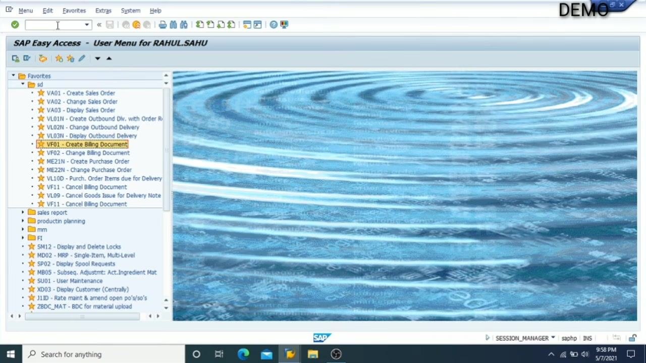 SAP Easy Access menu with standard transaction codes for sales and billing processes