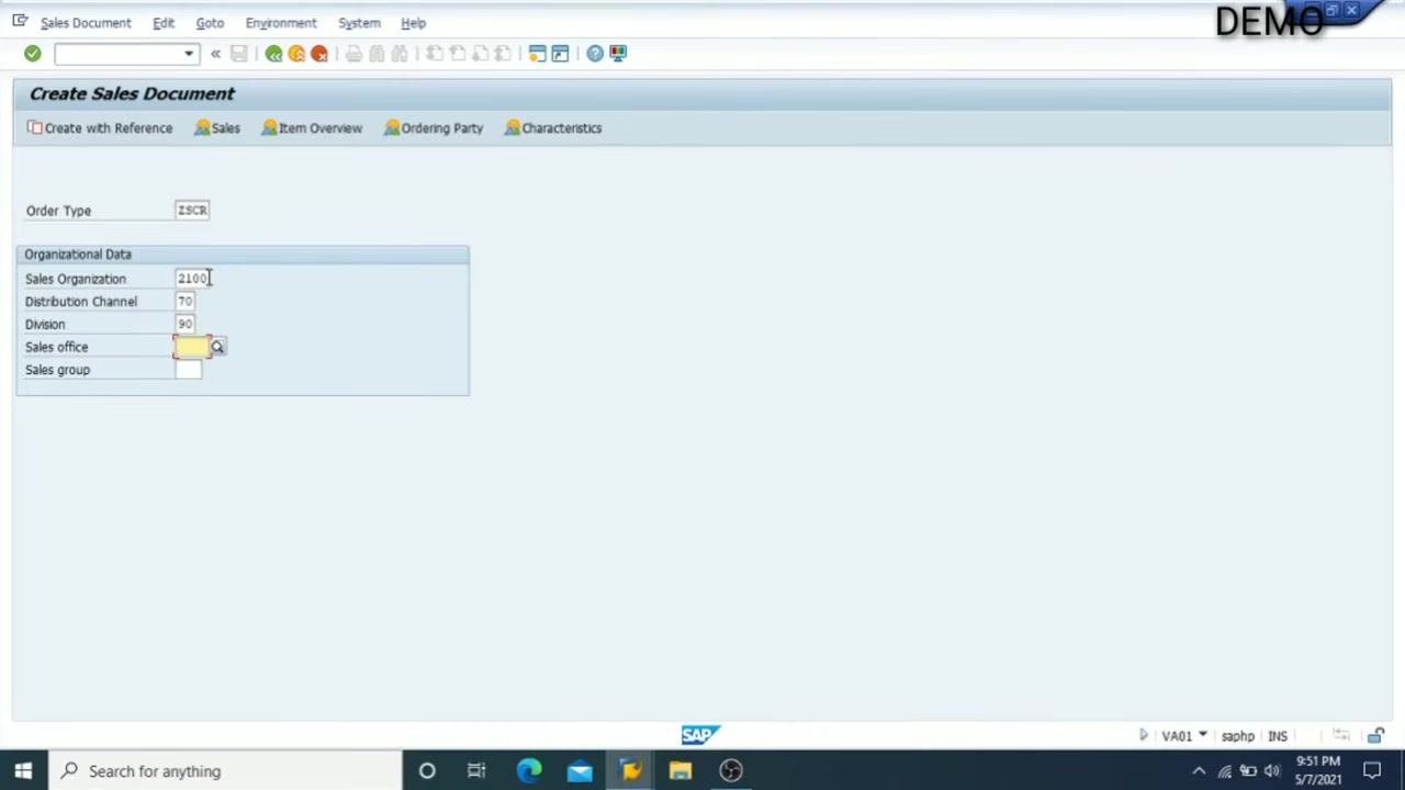 Create Sales Document screen with Order Type ZSCR, Sales Organization 2100, Distribution Channel 70, and Division 90 filled in