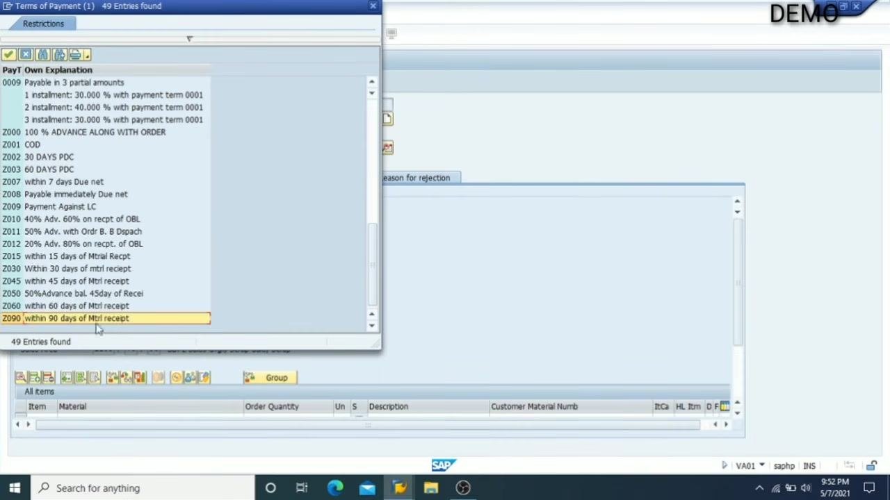 Terms of Payment selection window with Z090 'within 90 days of Mtrl receipt' highlighted