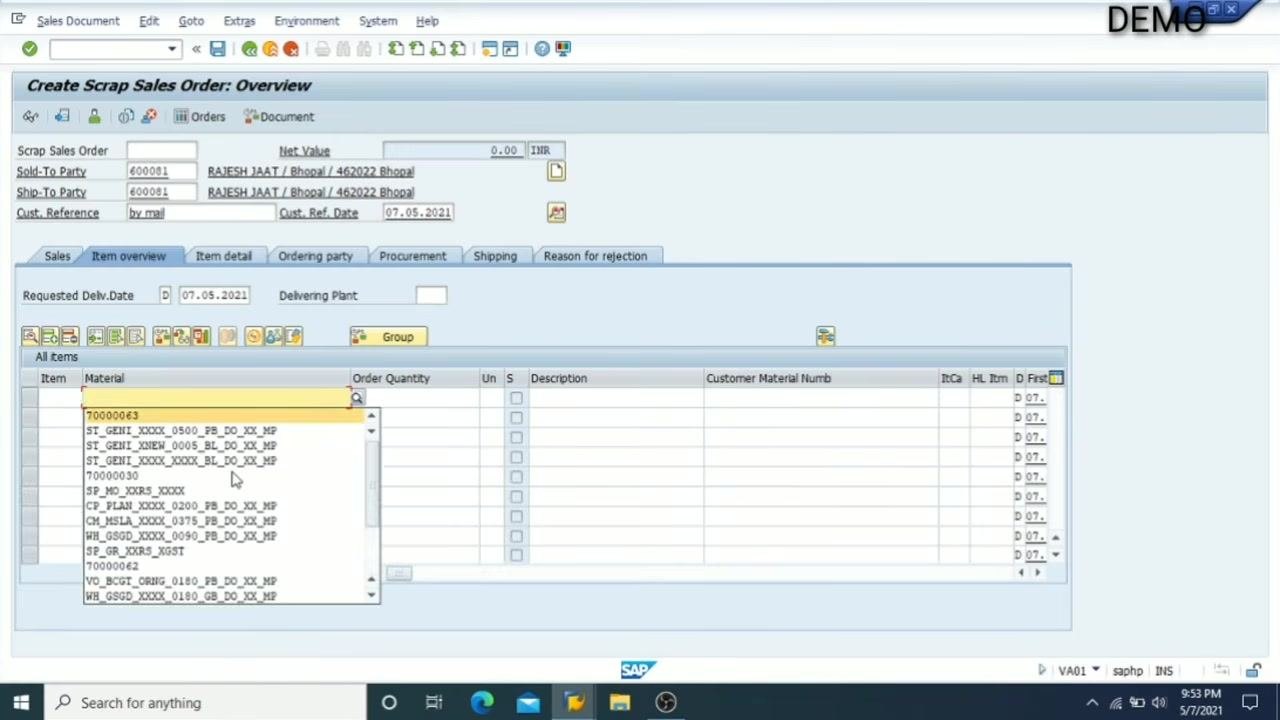 Create Scrap Sales Order: Overview screen with the Item overview tab selected, ready for material entry