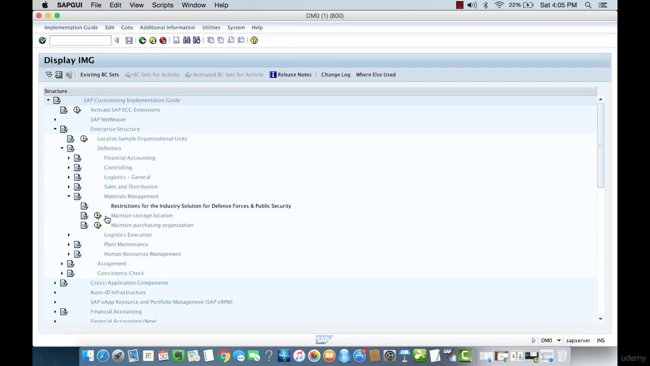 SAP IMG screen with "Maintain storage location" highlighted under Materials Management, showing the navigation structure and available options.