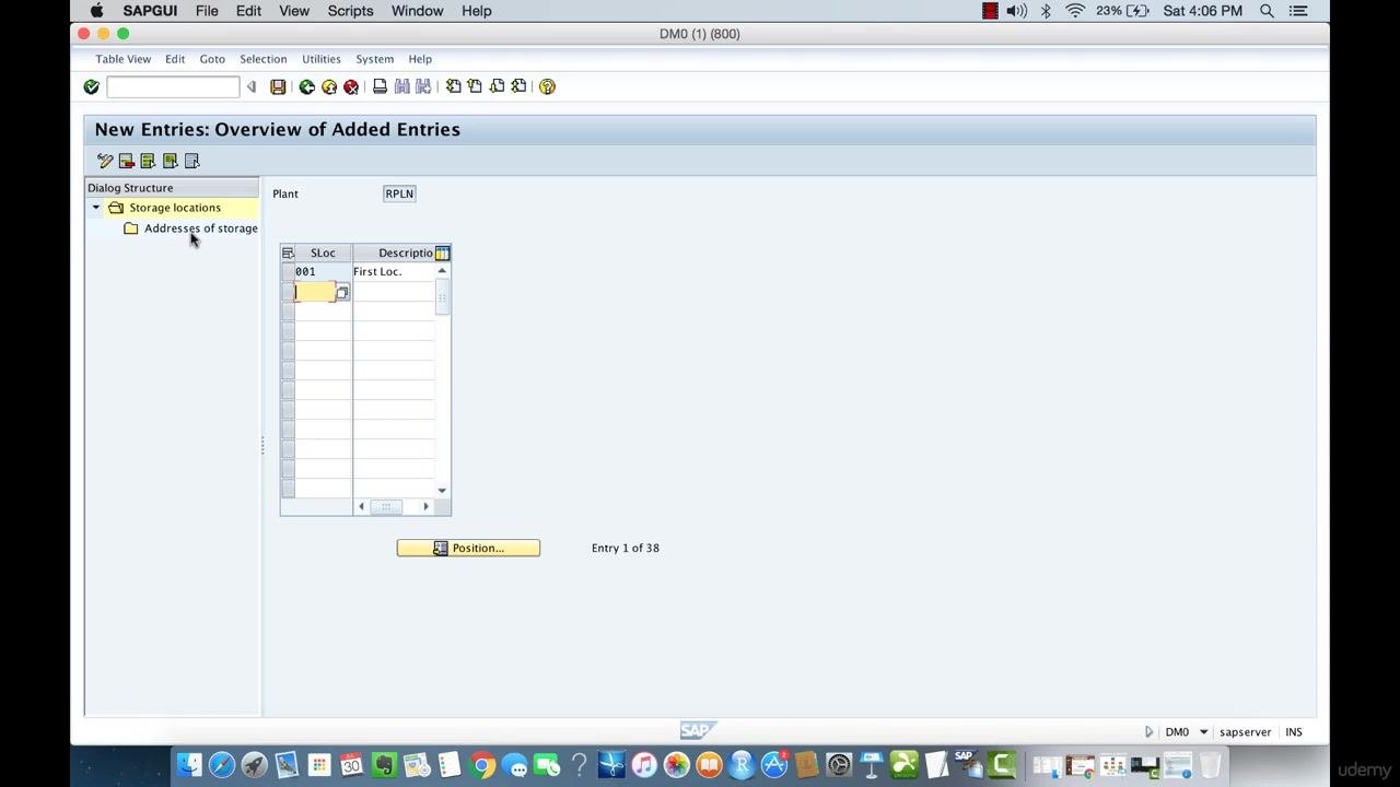 SAP screen showing the creation of a new storage location with SLoc "001" and Description "First Loc." for plant RPLN.