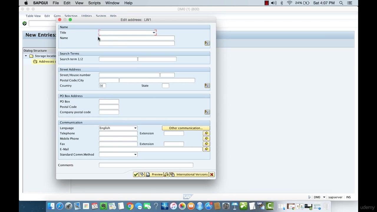 SAP screen for adding a new address entry to storage location 001, with the "New Entries" button highlighted and the No. field ready for input.