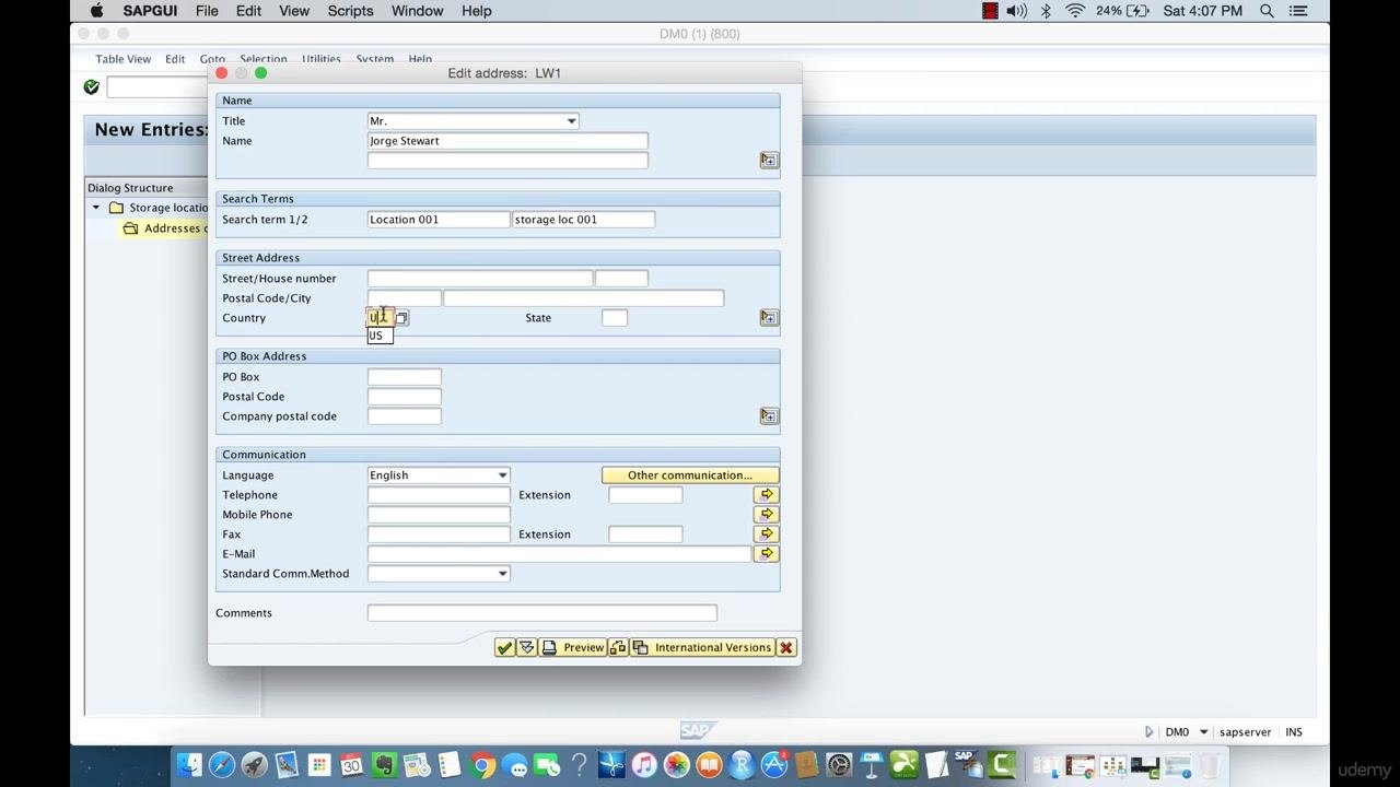 SAP "Edit address: LW1" pop-up with Title "Mr.", Name "Jorge Stewart", search terms "Location 001" and "storage loc 001", and Country "US" filled in. Other fields are visible but not required.
