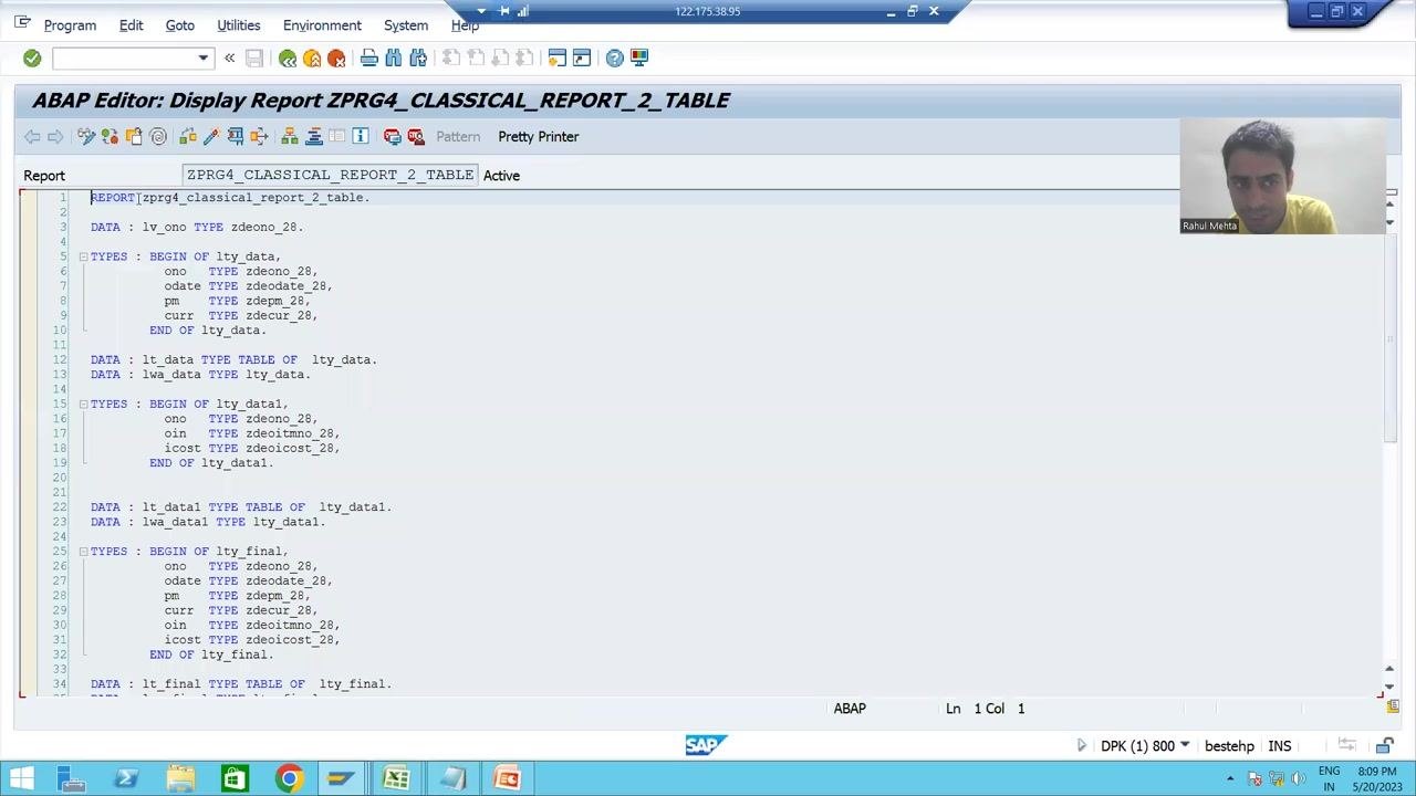 SAP ABAP editor showing the program "ZPRG4_CLASSICAL_REPORT_2_TABLE" with the first line "REPORT zprg4_classical_report_2_table."