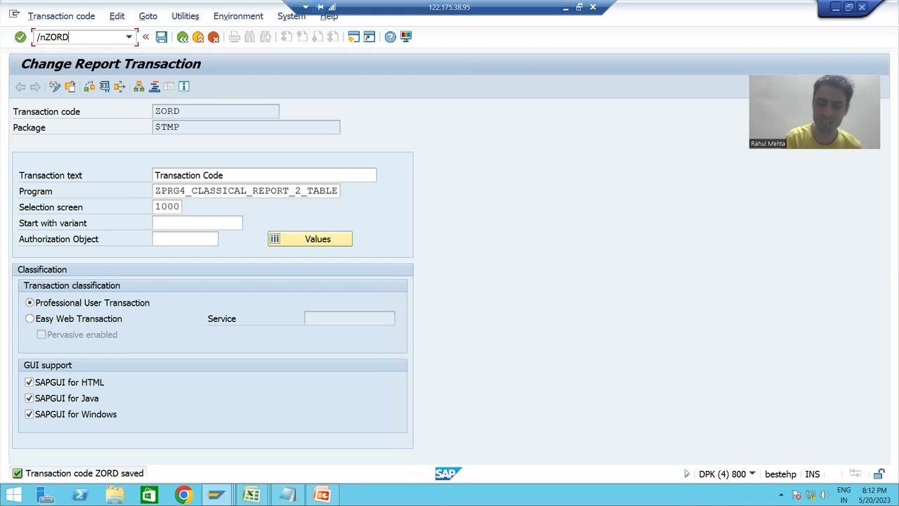 SAP command field with "/nZORD" entered, ready to execute the transaction code.