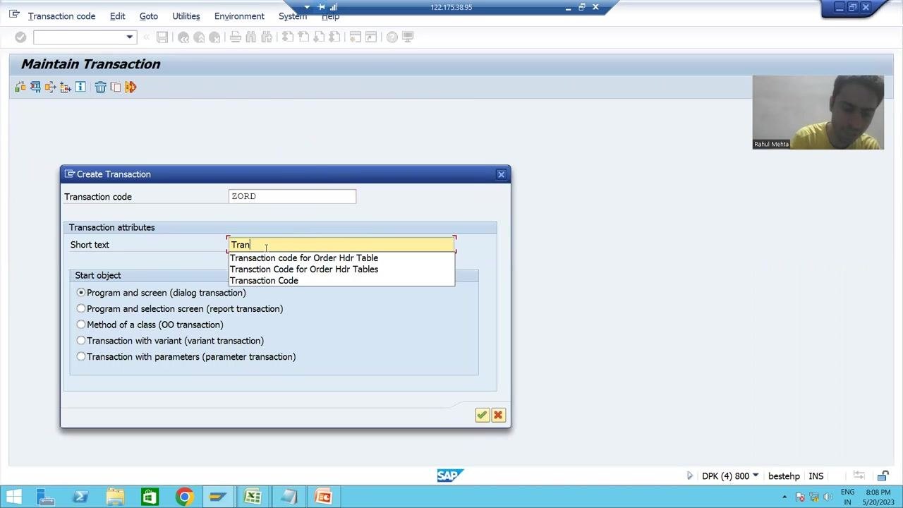 SAP Maintain Transaction screen with "ZORD" entered in the Transaction Code field, and a dropdown showing other custom transaction codes starting with Z.