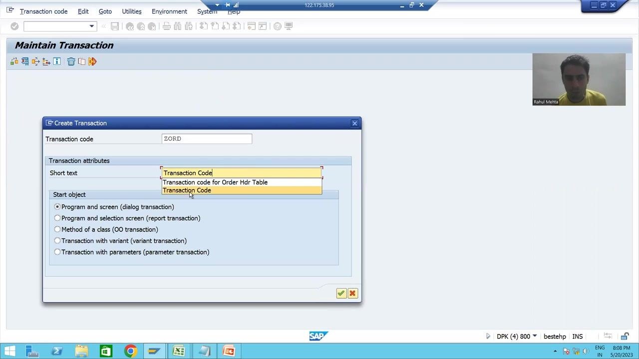 Create Transaction dialog in SAP with "ZORD" as the transaction code, "Transaction Code" in the short text field, and all five Start object radio buttons visible.