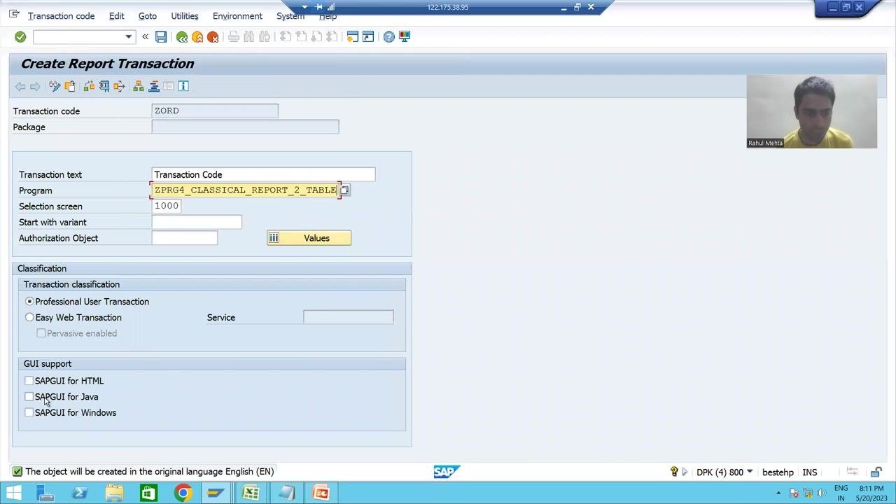 Create Report Transaction screen with all three GUI support checkboxes selected, transaction code ZORD, and program ZPRG4_CLASSICAL_REPORT_2_TABLE.
