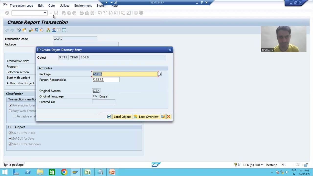 Create Object Directory Entry dialog with package $TMP, person responsible USER1, and the Local Object button highlighted.