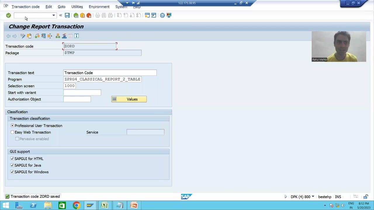 Change Report Transaction screen confirming transaction code ZORD saved, all GUI support options checked, and correct program and selection screen.