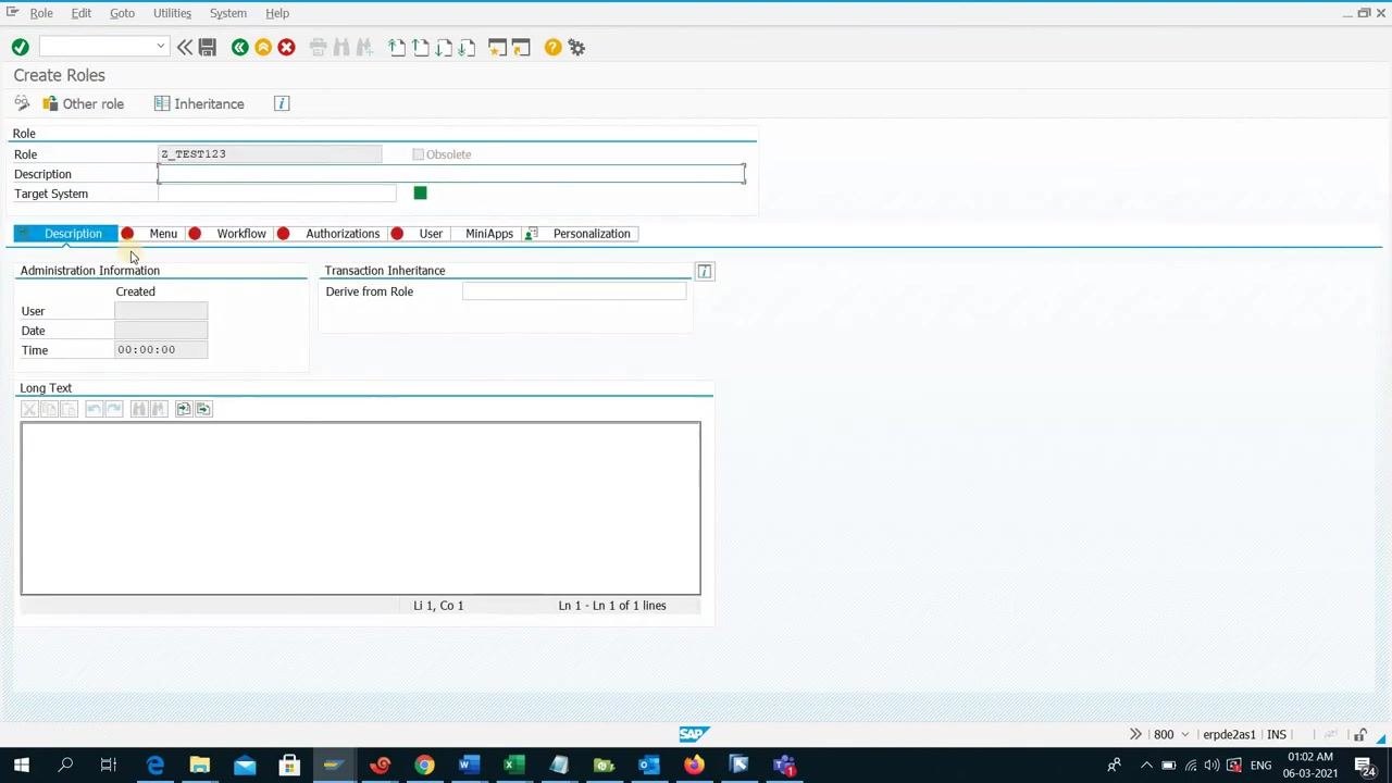 SAP Create Roles screen with role Z_TEST123, Description and Target System fields, and tabs for Description, Menu, Workflow, Authorizations, User, MiniApps, and Personalization