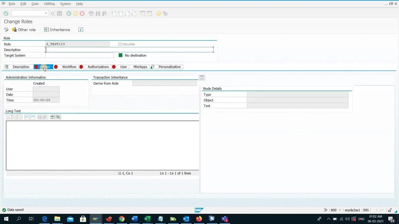 SAP Change Roles screen with the Menu tab selected, ready to define transactions for role Z_TEST123
