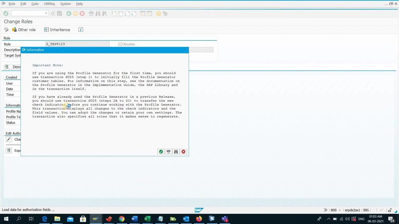 Assign Transactions dialog open, with SU01 and PFCG entered and a dropdown for additional transaction codes