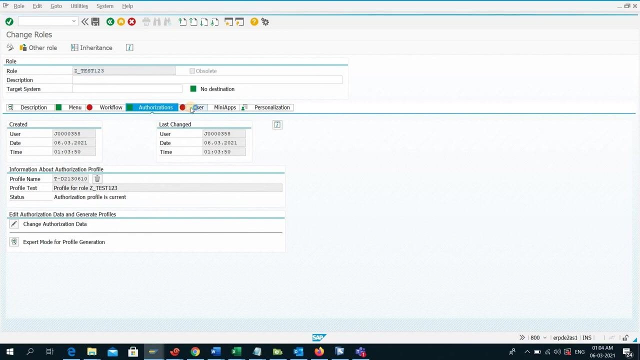 Change Roles screen, Authorizations tab, cursor moving toward the User tab to assign the role