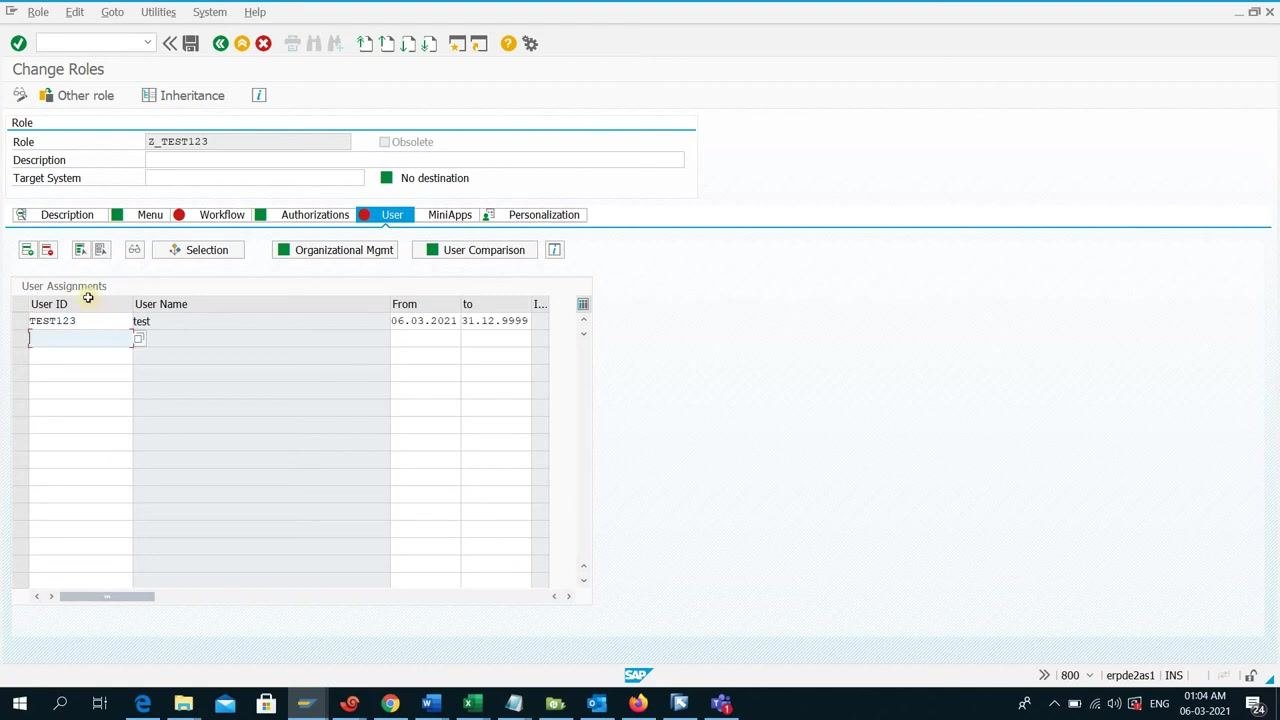 SAP Change Roles screen with the User tab selected, User ID TEST123 listed, and the cursor on the User Comparison button