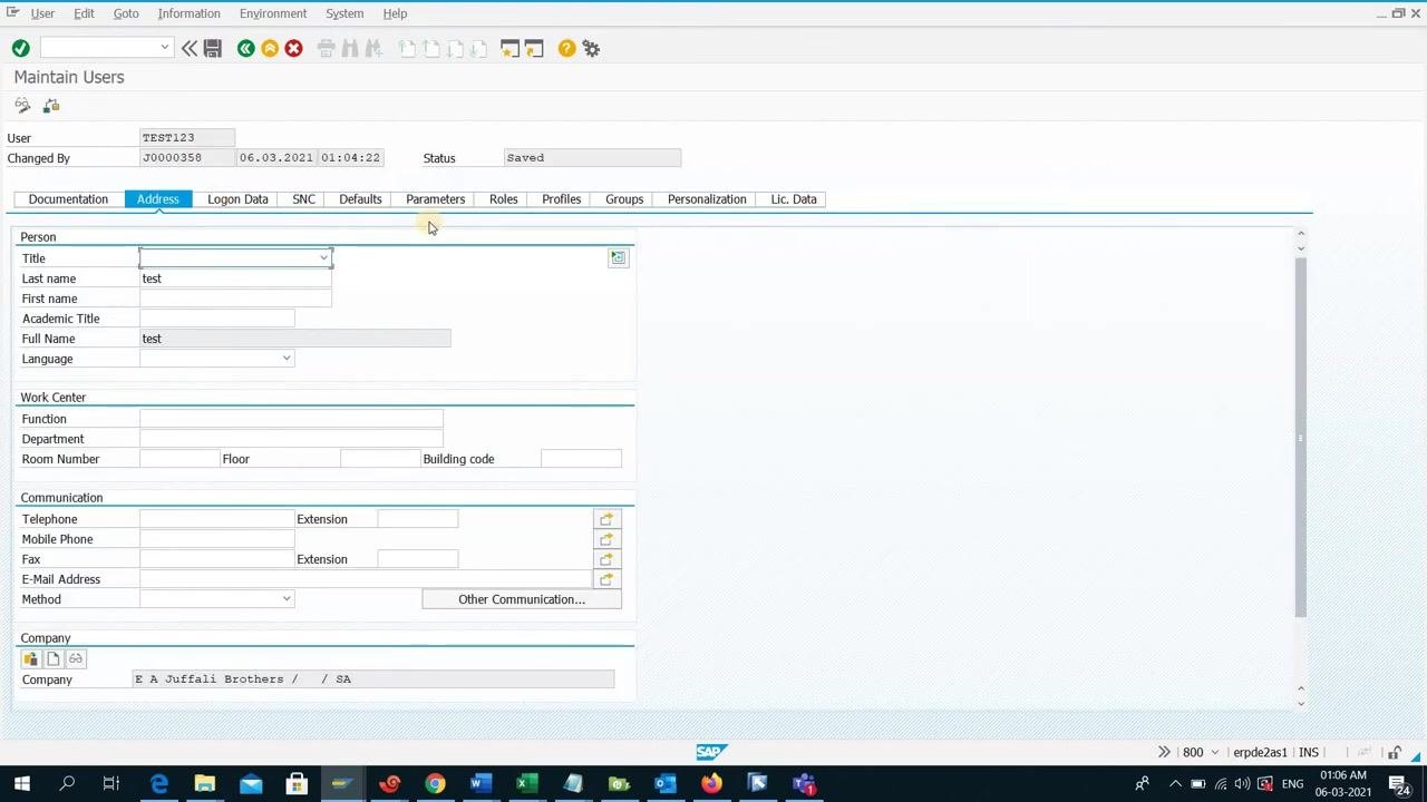 Maintain Users screen, Address tab selected, with user TEST123 details visible