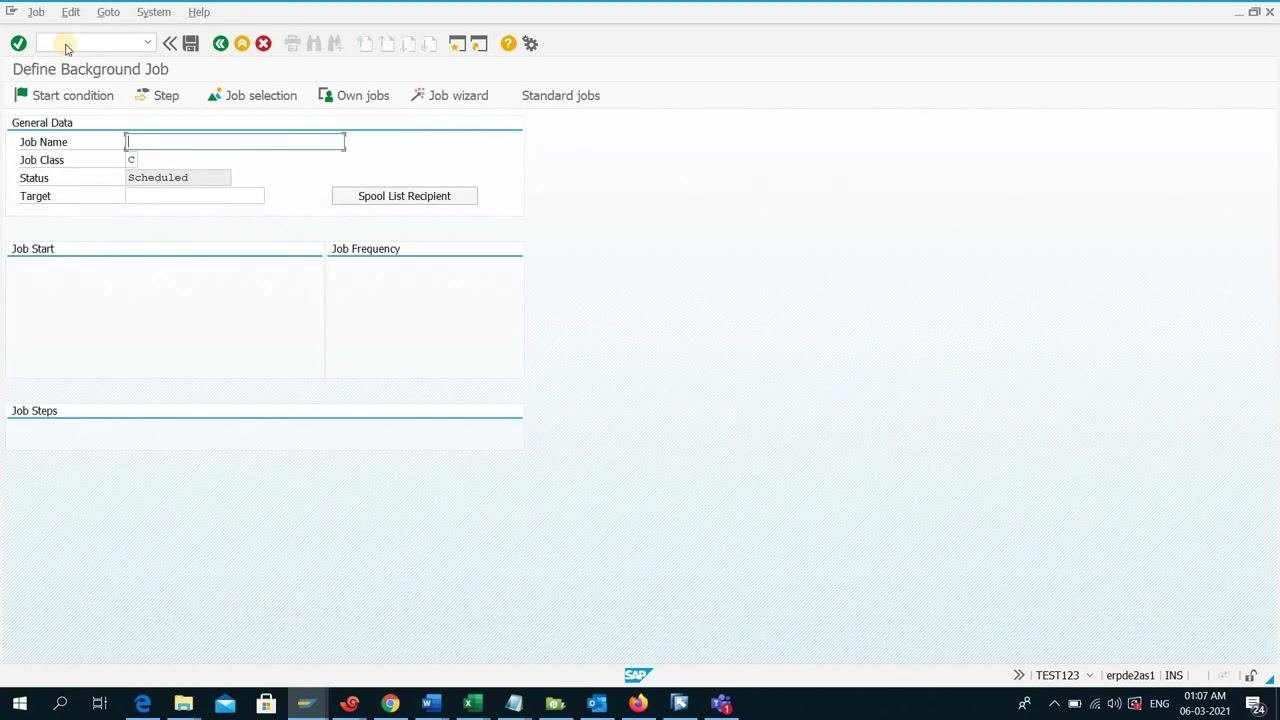 Define Background Job screen with fields for Job Name, Job Class, Status, Target, and job-related sections, with user TEST123 logged in