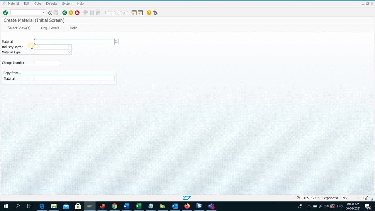 Create Material (Initial Screen) with fields for Material, Industry sector, Material Type, Change Number, and Copy from Material, with user TEST123 logged in