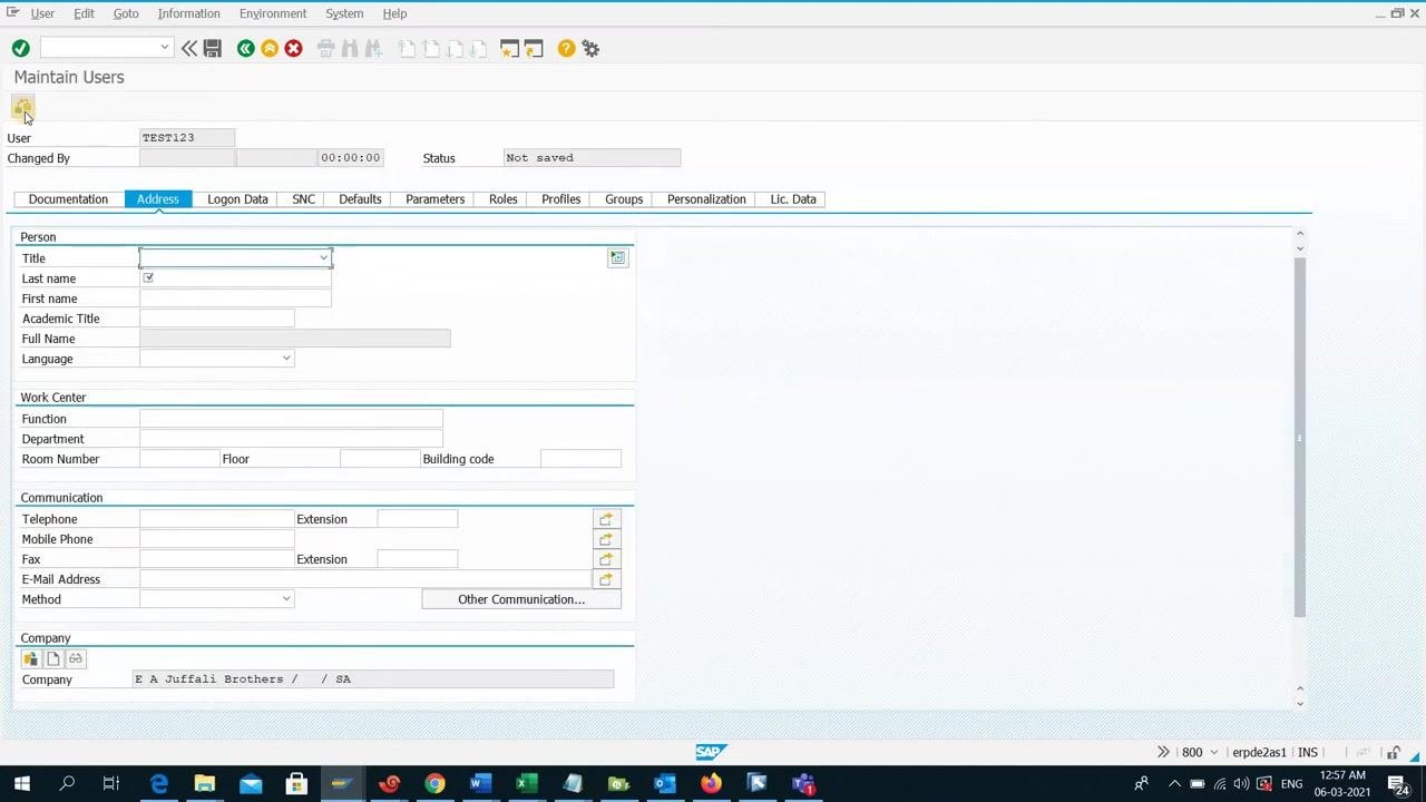 User Maintenance: Initial Screen with 'test123' entered in the User field