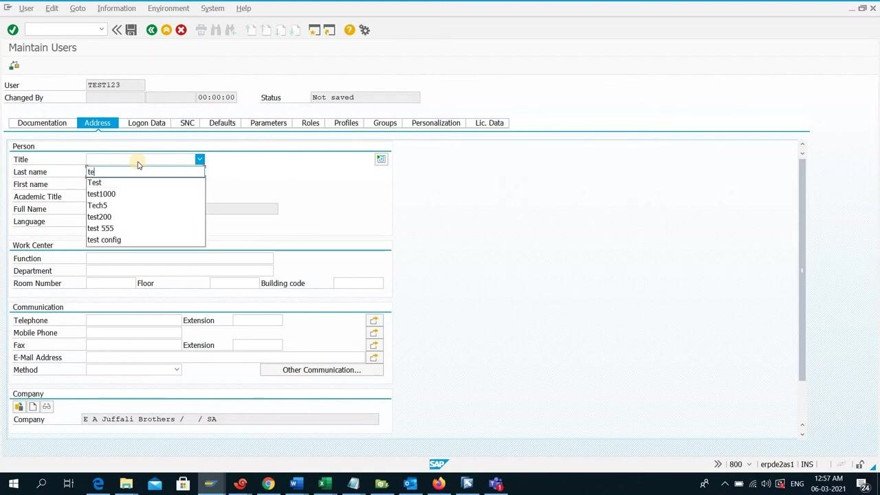 Maintain Users screen with 'Last name' filled in as 'test' and 'First name' as 'Test'