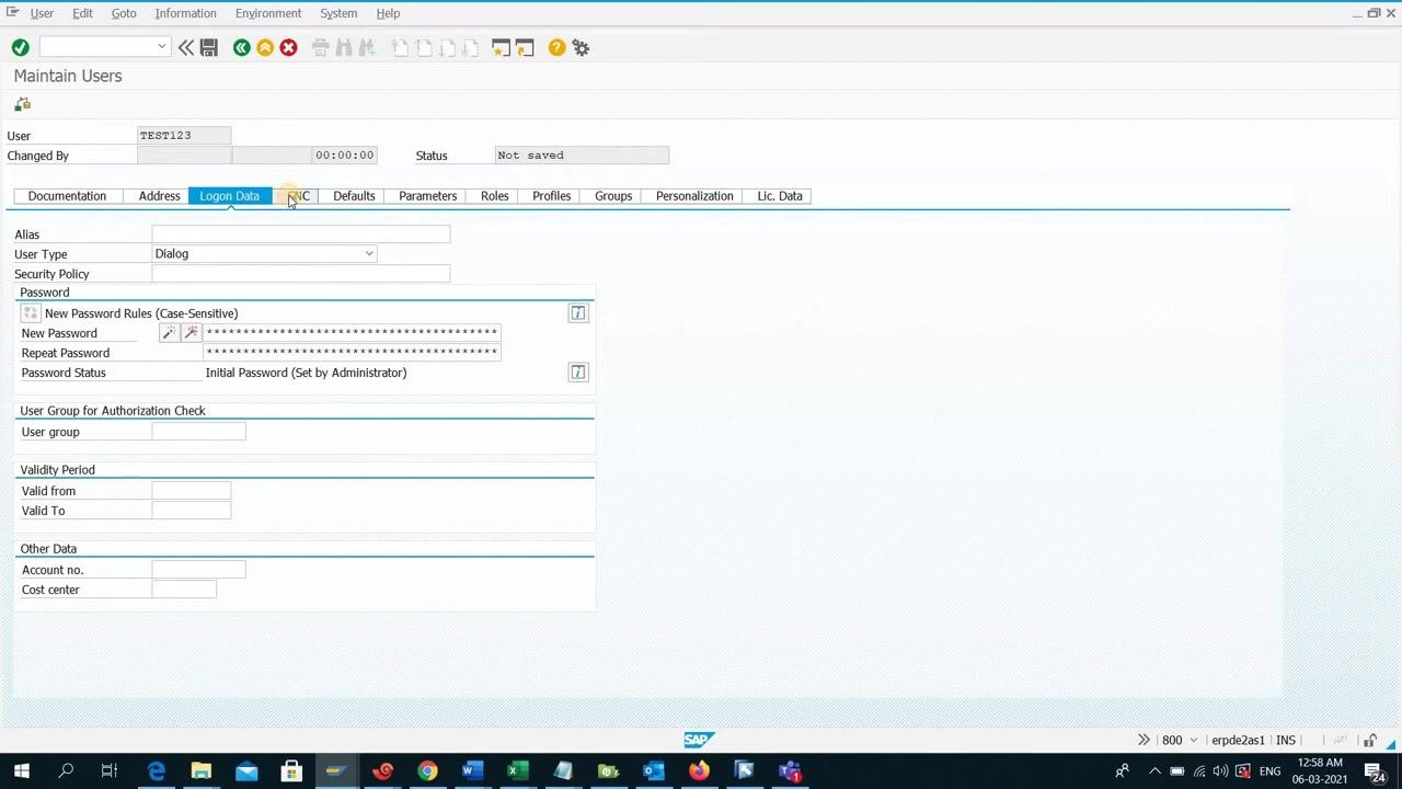 Logon Data tab with User Type set to Dialog and password fields filled in, showing password rules and status