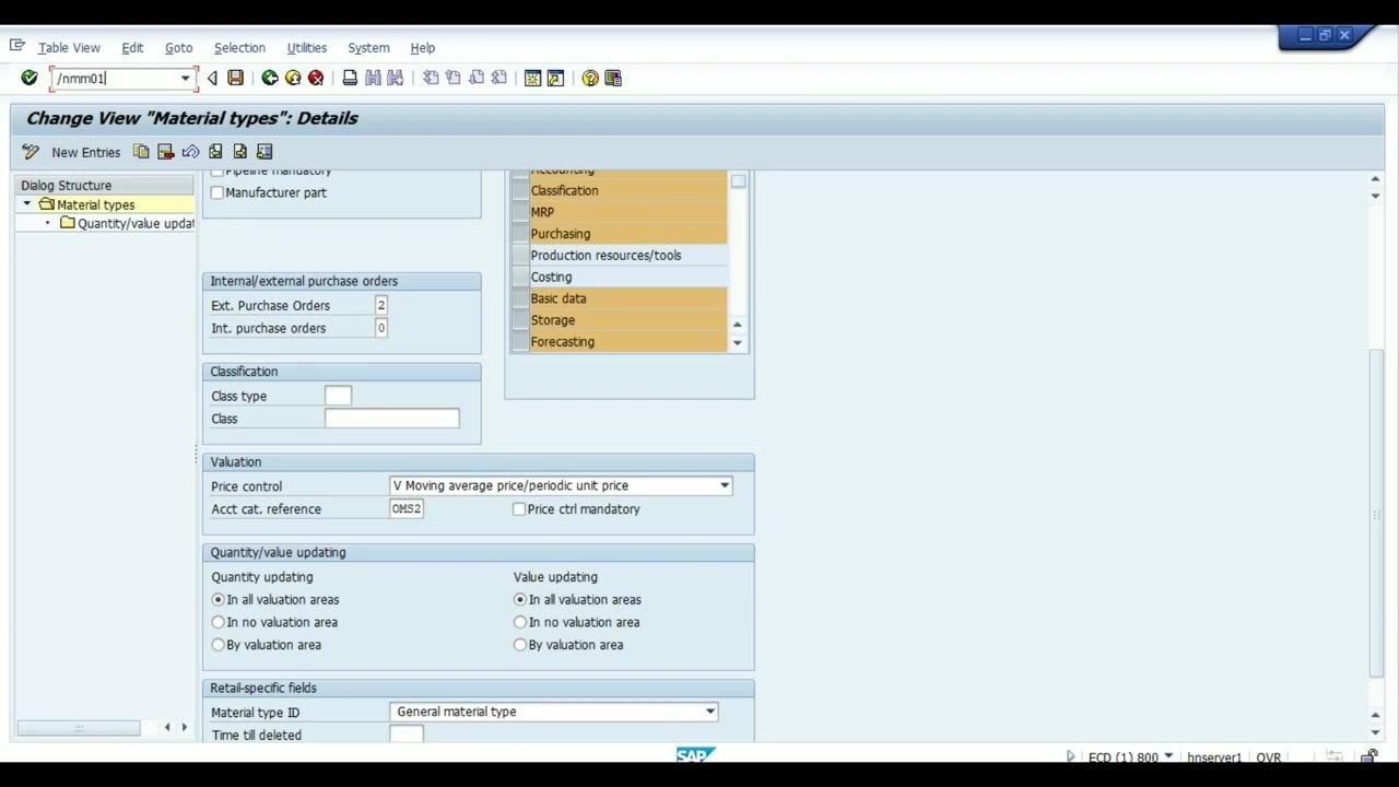 Create Material screen, Accounting 1 tab, with Valuation Class 3000 automatically populated for plant 9711